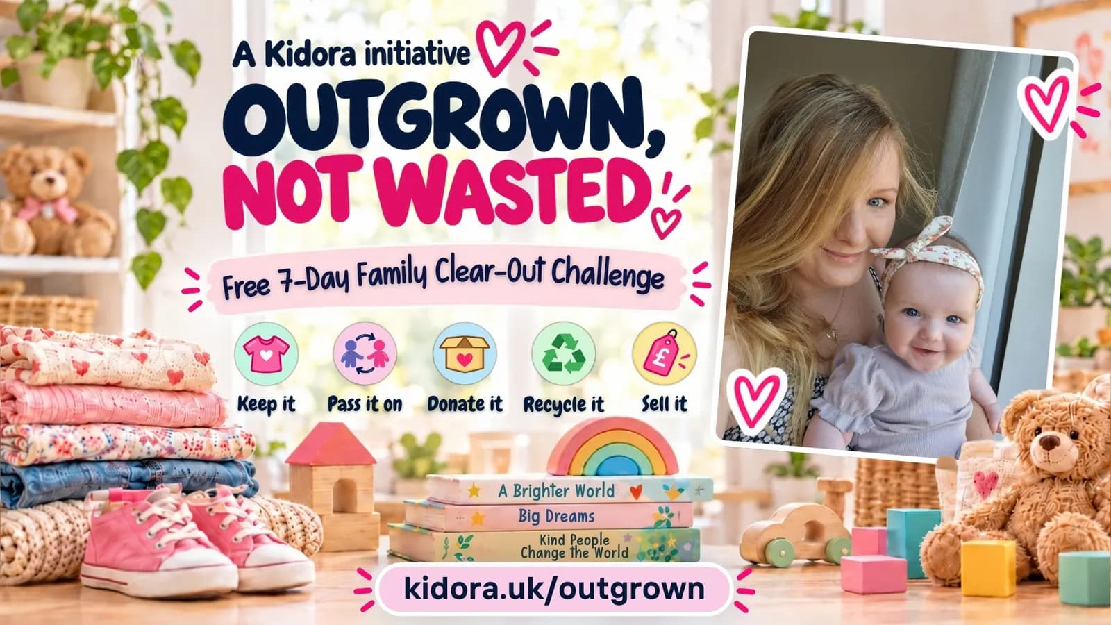 Karolina Gudes, founder of Kidora, with her daughter Sofia, alongside artwork for Kidora’s free seven-day Outgrown, Not Wasted family clear-out challenge.